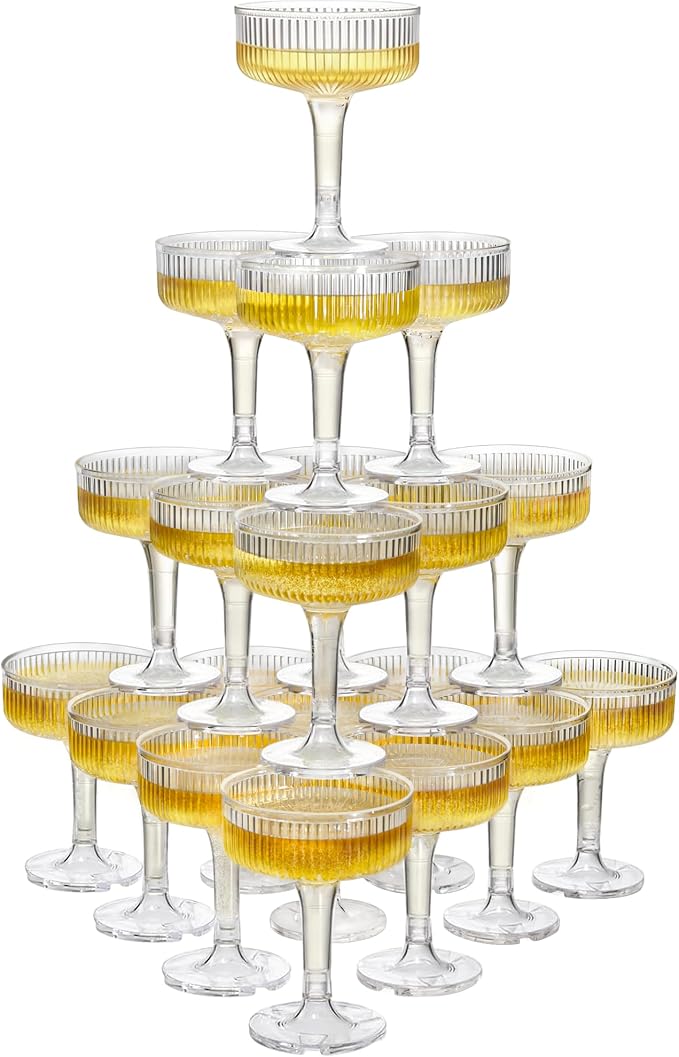Houmury 20 Pcs 7oz Plastic Champagne Glasses Unbreakable Plastic Martini Glasses Flutes Reusable Clear Acrylic Coupe Drinkware For Wedding Birthday Party (20, Clear)