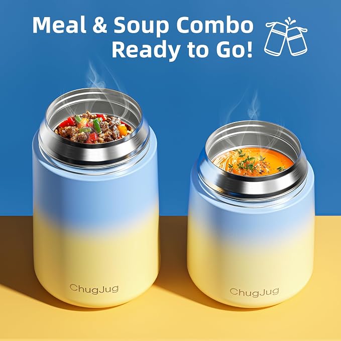 2 Pack Insulated Food Jar Set, 26oz & 18oz Stainless Steel Vacuum Insulated Soup Containers for Hot Food, Leak-Proof Thermal Food Jars with Spoons, Cute Stylish Design for School, Work & Travel(Blue)
