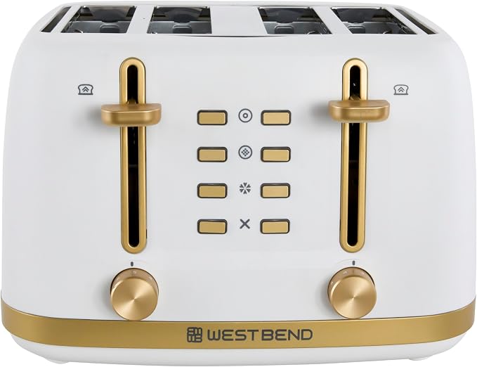 West Bend Timeless 4-Slice Toaster with 7 Browning Levels, Bagel/Waffle/Defrost Settings, High-Lift Lever, Anti-Jam, Easy-Clean Crumb Tray, 4-Slice, White/Gold