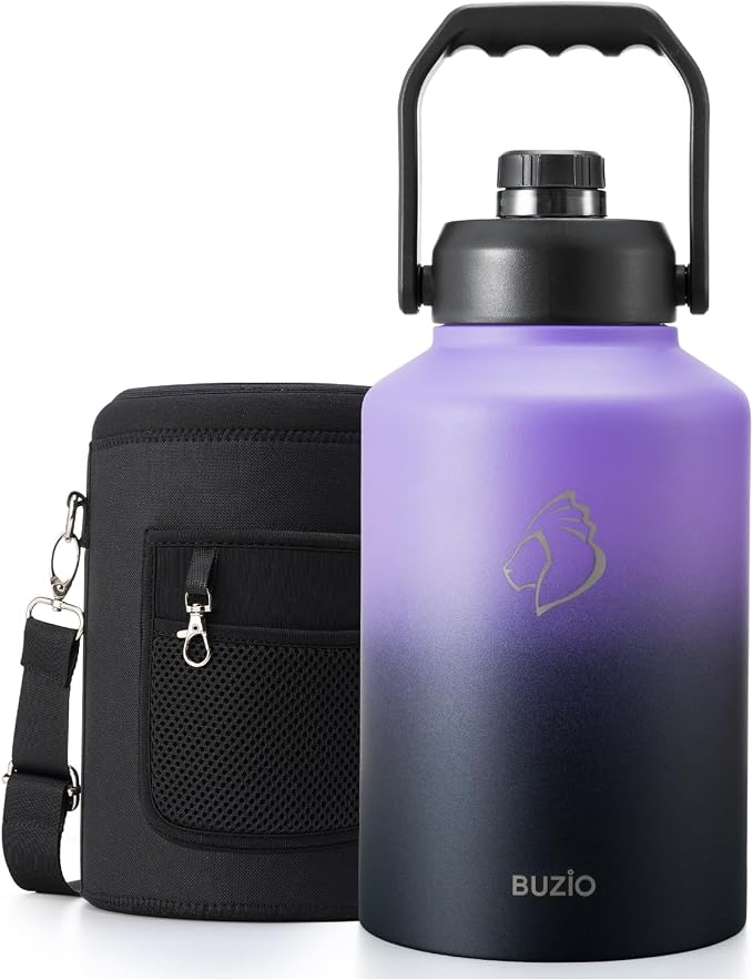 BUZIO 1 Gallon Water Jug Insulated, Stainless Steel Bottle With Large Handle & Spout Lid, 3.58" Big Wide Mouth BPA-Free Leakproof Metal Water Flask For Camping, Adventure, Sports, Black & Purple
