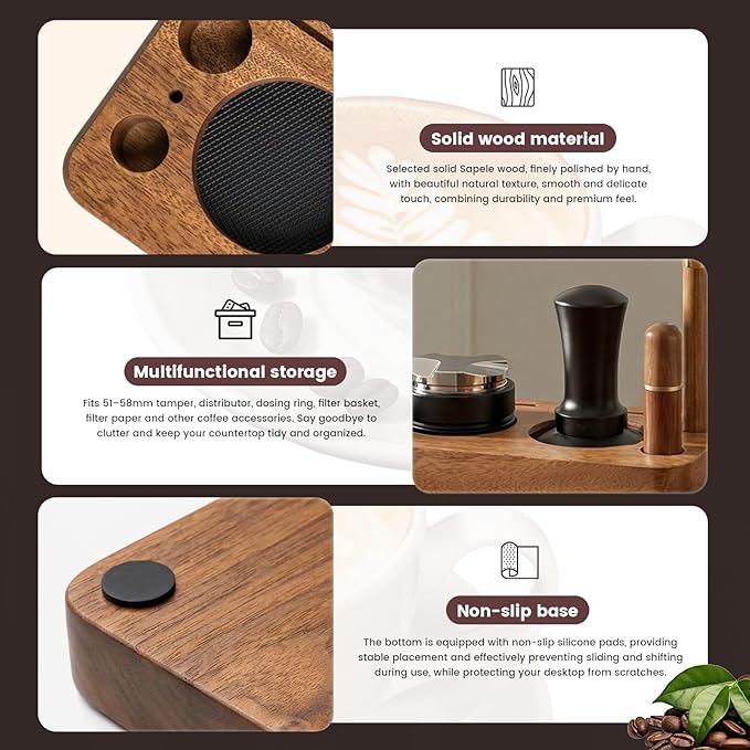 28-Piece 51mm Espresso Accessories Kit with Wood Tamping Station | Wood tamping station with tamper, distributor, WDT tool, dosing funnel, milk pitcher, puck screen and latte art accessories