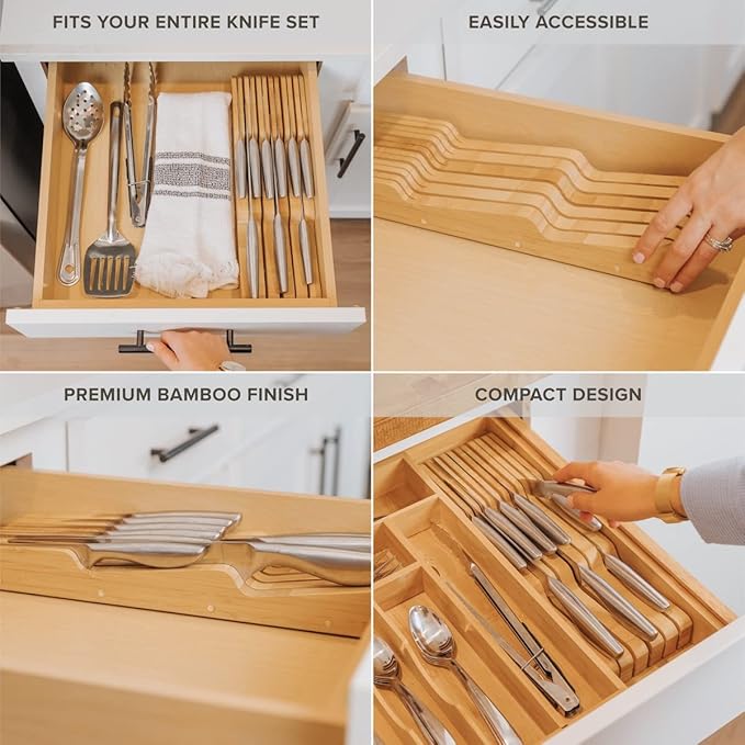 KitchenEdge Bamboo Kitchen Knife Block Holder Organizer - Holds 5 Long + 6 Short Knives (Not Included), Fits Most Knife Sizes, Rubber Feet, Sustainable Bamboo, In-Drawer Design (Pack of 2)