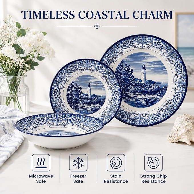 Tudor Royal 12-Piece Round Porcelain Dinnerware Set, Service for 4 - Light House Dark Blue Design, Plates Bowls Dishes, Premium Quality Tableware, Unique Pattern, Glossy