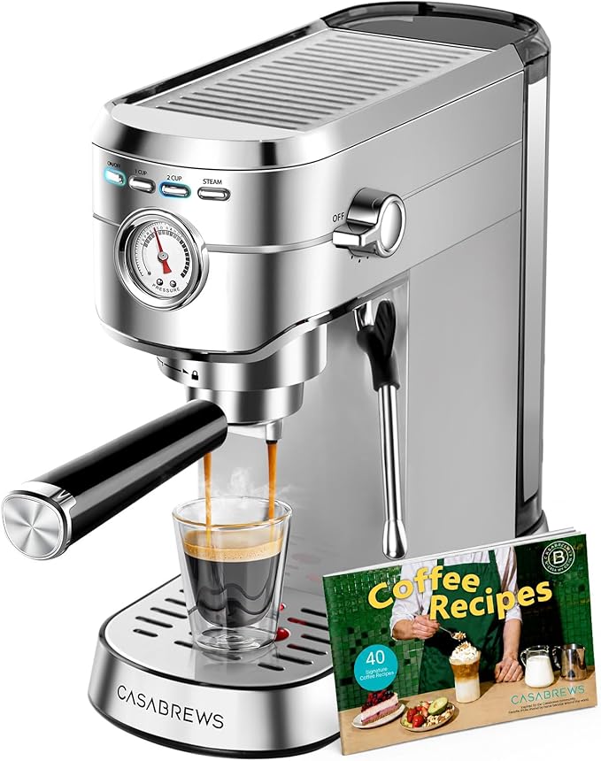 CASABREWS CM5418 Espresso Machine 20 Bar, Compact Espresso Maker with Steam Milk Frother, Stainless Steel Coffee Machine with 34oz Removable Water Tank for Cappuccino, Small Latte Machine, Silver
