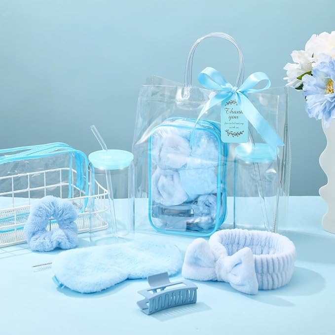 48 Pcs/6 Sets Baby Shower Prizes Winners Include Glass Cans Spa Headband Plush Sleep Eye Mask Hair Claw Clips Clear Cosmetic Bags Baby Shower Player Winner Gifts Bridal Game Gifts(Blue)