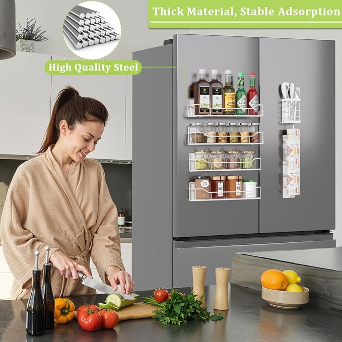 Magnetic Spice Rack for Refrigerator, 6 Pack Strong Magnet Spice Organizer with Paper Towel Holder, Utensil Holder, Moveable Magnetic Fridge Shelf for Kitchen Organization and Storage (White)