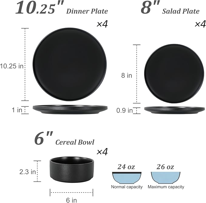 12 Piece Ceramic Plates and Bowls Sets for 4, Modern Black | Stoneware Dinnerware Set, Dishwasher & Microwave Safe, Handcrafted, Perfect for Family and Gatherings