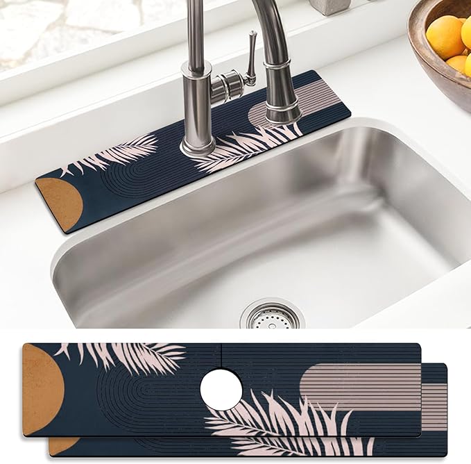 Sink Faucet Absorbing Mat, 2 Pack Drying Mat Around Faucet Sink Splash Guard Behind Faucet Sinkmat For Kitchen Bathroom Island Rv 24 * 5.5 Inch (60 * 14 cm)