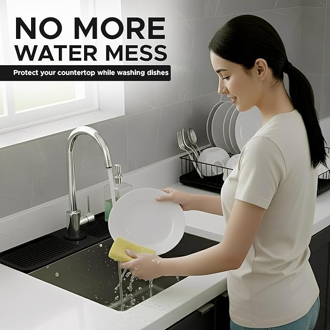 24 Inch Longer Faucet Mat for Kitchen Sink| 5° Slope Fast Self-Draining Sink Splash Guard | Multipurpose Faucet Mat Foldable Durable No Smell | Cut-to-Fit Opening Up to 2.6in | Black