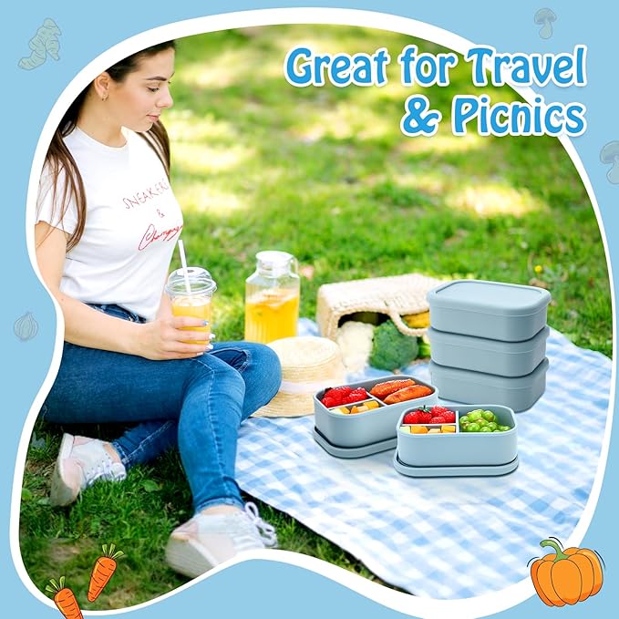 Honeydak 4 Pcs Silicone Bento Box for Adults, 3 Compartment Lunchable Food Container for Women Men, Leak Proof Microwave Dishwasher Freezer Safe (Blue)