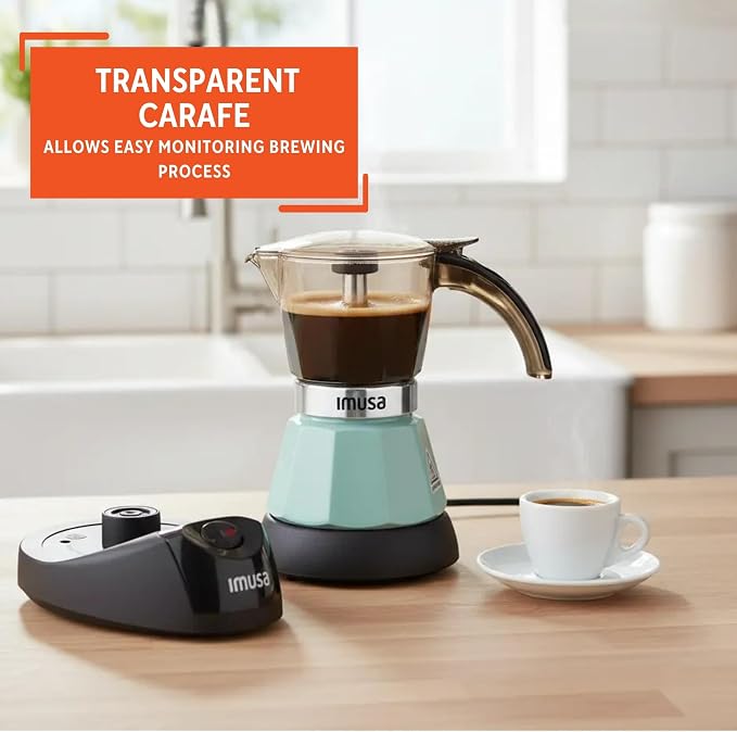 IMUSA 3 or 2 Cup Electric Mint Espresso Maker, Compact Moka Coffee Machine with Keep Warm Function, Detachable Base, Cuban & Italian Coffee Brewer, Mint & Black