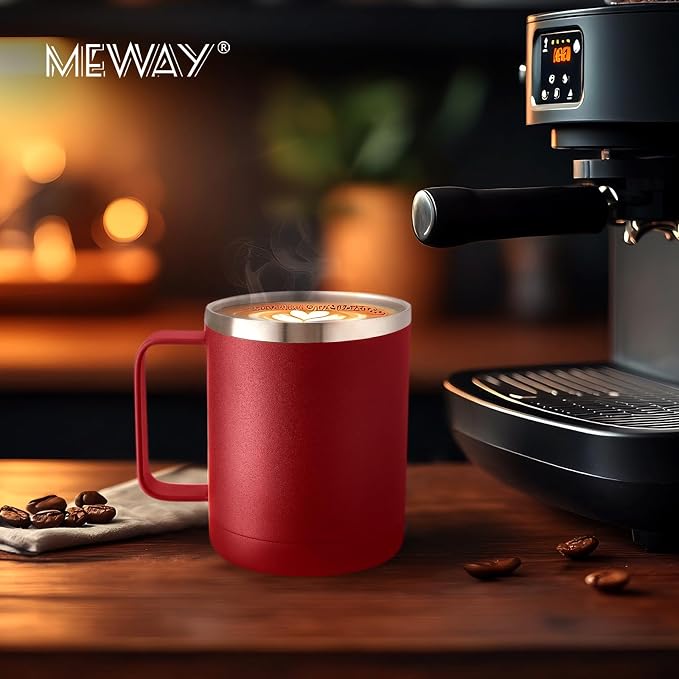 MEWAY 12oz Coffee Mug With Handle and Sliding Lid,Stainless Steel Travel Tumbler Cup with Handle,Double Wall Vacuum Insulated Camping Cup for Hot & Cold Drinks Tea (Red,Set of 1)
