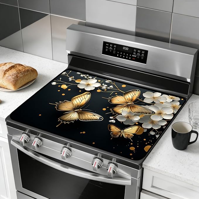 Stove Top Cover for Electric Stove, Vintage Farmhouse Style Glass Cooktop Protector, Multi-functional Kitchen Counter & Washer Top Cover