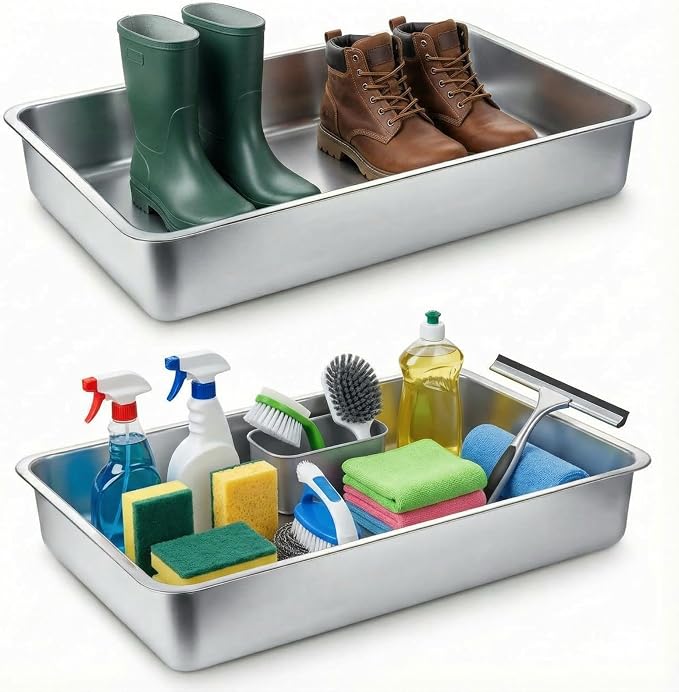 Suclain 2 Pack Stainless Steel Boot Trays for Entryway Under Sink Mat Tray Litter Box for Kitchen Cats Cabin Bathroom Office Storage Decoration, 20 x 14 x 4 in, Non-Slip Rubber Feet(20 x 14 x 4 Inch)