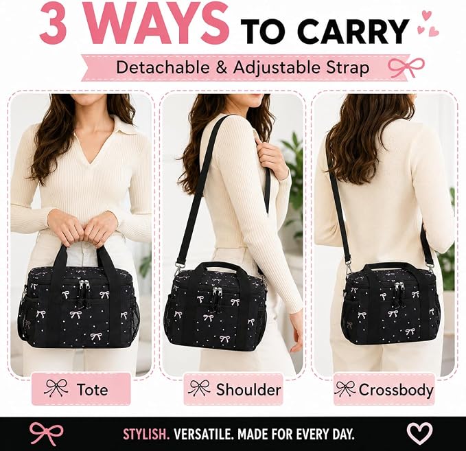 BTOOP Insulated Lunch Box for Women, Cute Corduroy Lunch Bag with Shoulder Strap, Leakproof Wide-Open Lunch Tote for Work, Office, School, Picnic, Pink Bow-Black