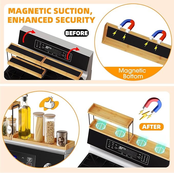 30" Magnetic Over the Stove Shelf,Stove Top Shelf,Over Oven Shelf,Stove Shelf for Back of Stove, Heat-Resistant and Wooden,Space-Saving Kitchen Storage (Wood Color, 2 Layer 2 pcs)