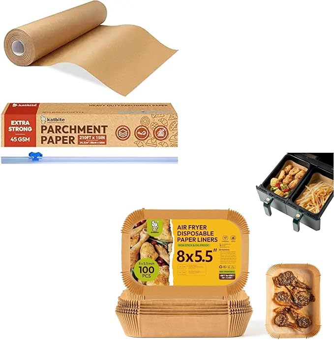 Katbite Unbleached Parchment Paper for Baking, 15 in x 210 ft, & Katbite 100PCS Air Fryer Liners Disposable, 8x5.5''