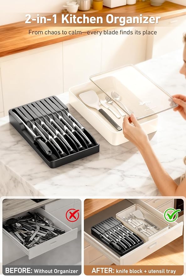 MAD SHARK 2-in-1 Detachable Knife Block & Silverware Organizer, Drawer Knife Holder for 10 Knives, BPA-Free, Blade-Safe Slots, Save Counter Space, Kitchen Drawer or Counter Storage, No Knives
