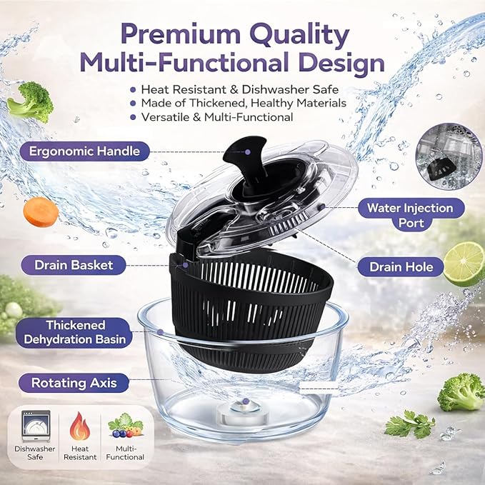 3.2 Qt Glass Salad Spinner, Small Vegetable Dryer with Transparent Lid, Crank Handle Quick Spin Greens Washer for Lettuce, Herbs, Fruits Cleaner, Tosser, Drain, Microwave Safe, Dishwasher Safe