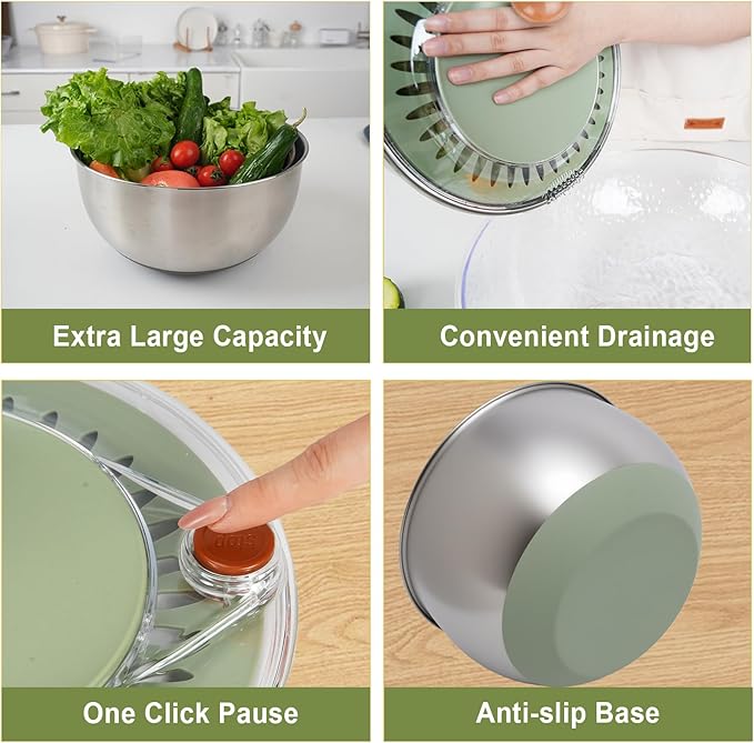 KITHELP Stainless Steel Salad Spinner Large, Vegetables Fruits Wash Bowl with Strainer, Lettuce Spinner Dryer for Efficient Salad Preparation 5.3Qt