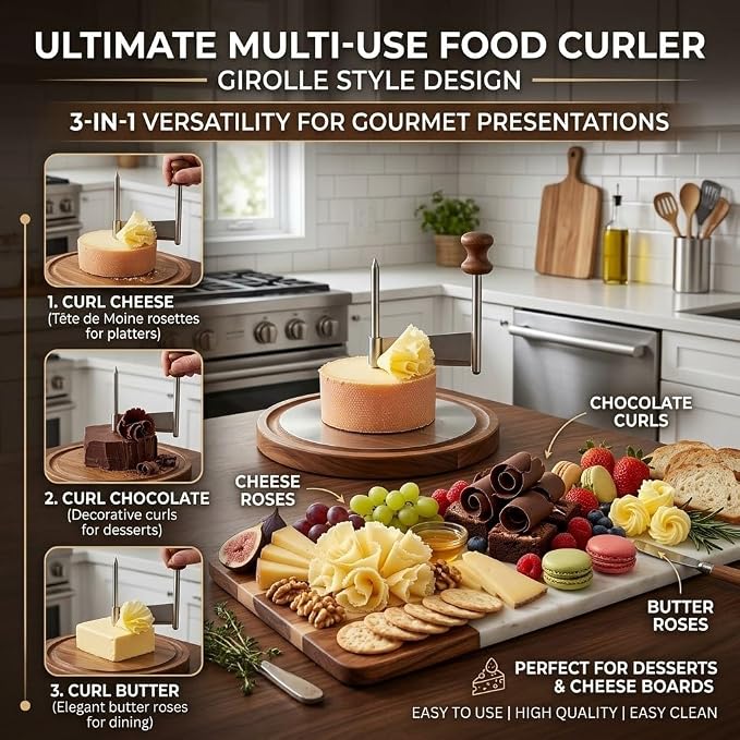 Cheese Curler Girolle – Cheese Curler Wheel for Chocolate & Butter Curls, Stainless Steel Blade & Wood Base, Cheese Flower Maker for Charcuterie Boards, Dessert Decor, Parties & Gift for Food Lovers