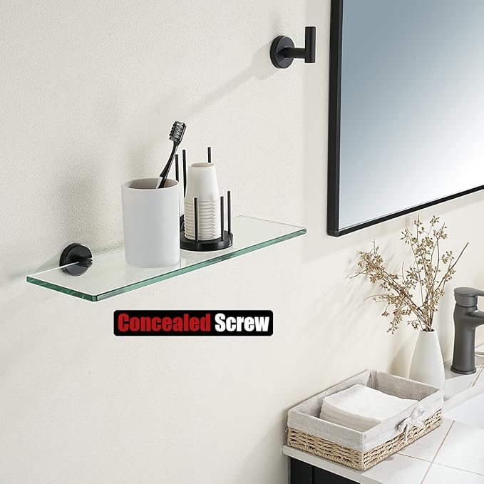 JQK Bathroom Glass Shelf Black, Tempered Glass Shower Storage 14 by 5 inches, 304 Stainless Steel Matte Black Wall Mount, TGS101L14-PB