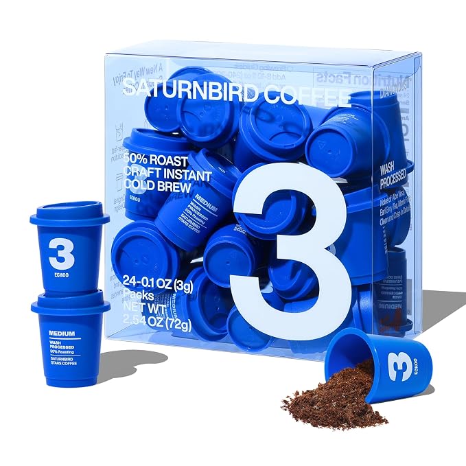 Saturnbird Super Instant Coffee Pods, Specialty Cold Brew Freeze-dried Coffee, No.3 Medium Roast, 100% Arabica, Brew with Hot/Cold Water or Milk, 24 Single-Serve Packets