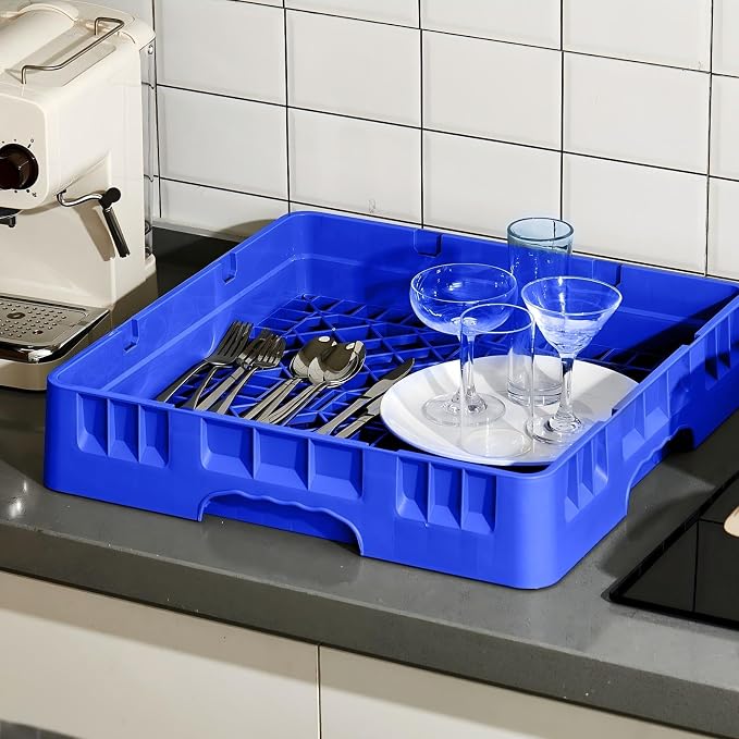 Aurelema Commercial Dishwasher Tray Rack, Commercial Dish Drying Rack, Polypropylene Full Size Flatware Tray for Hotel Canteen Kitchen Restaurant Tableware Plate and Bowl(Basic Edition,Blue,1 Pack)