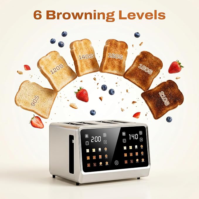 4 Slice Touch Screen Toaster with LCD Display Stainless Steel Digital Toasters 6 Bread Types& 6 Shade Settings Smart Extra Wide Slots Toaster With Bagel Cancel Defrost Reheat Functions