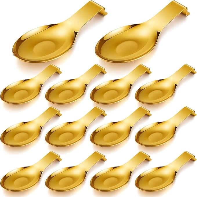 Nuanchu 14 Pcs Stainless Steel Spoon Rest Spatula Ladle Holder Spoon for Stove Top Heavy Duty Spatula Holder for Countertop Dishwasher Safe Utensil Rest for Kitchen, 3.8 x 9.6" (Gold)