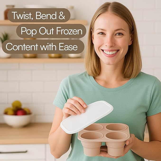 Silicone Freezer Tray with Lid - Stackable 2 oz Large Ice Cube Molds for Homemade Purees, Egg Bites, Broth Food Storage - Dishwasher Safe - CARAMEL