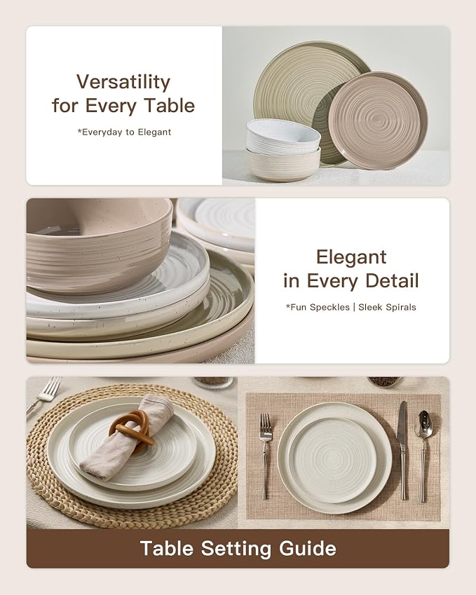 24-Piece Stoneware Dinnerware Sets for 8 - Farmhouse Coupe Plates and Bowls with Speckles & Spirals - Chip & Scratch Resistant, Microwave & Dishwasher Safe - Gift Box, Multicolor