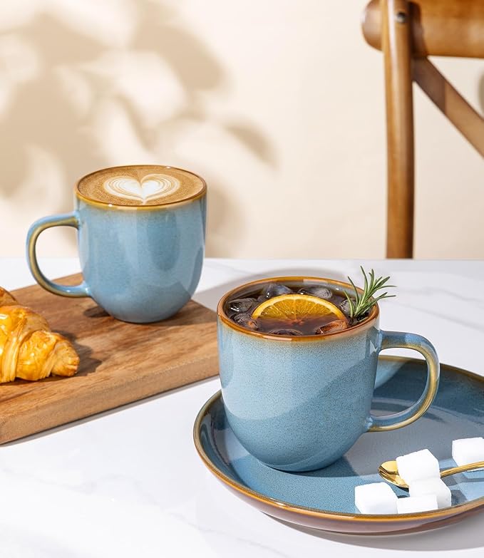 LERATIO Ceramic Coffee Mugs Set of 6,12oz Handmade Coffee Mugs Set with Large Handle for Cappuccino/Latte/Tea/Hot Cocoa,Dishwasher & Microwave Safe-Ocean Blue