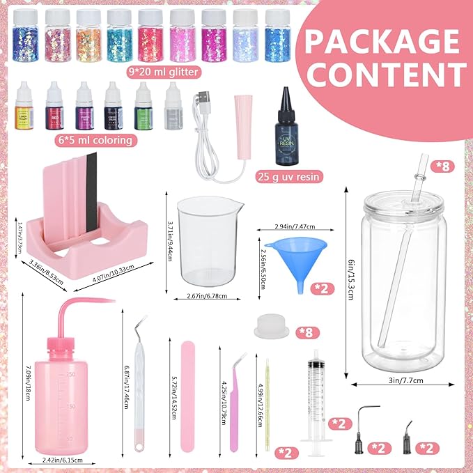 8 Pack 16 Oz Acrylic Snow Globe Tumbler Supplies Starter Kit, Double Wall Plastic Pre-Drilled Snowglobe Tumbler Cup Tool Set, Including Squeeze Bottle Cup Cradle and Scraper etc.