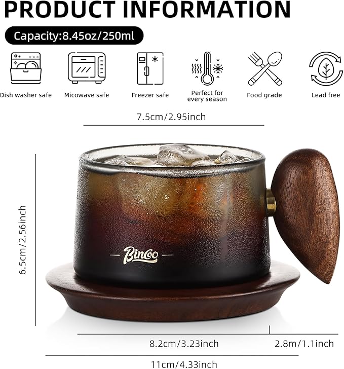 Bincoo Glass Coffee Cups and Saucers Set, 250ML Clear Glass Iced Coffee Mug Espresso Cup Tea Cup with Walnut Handle and Coaster (Gray)