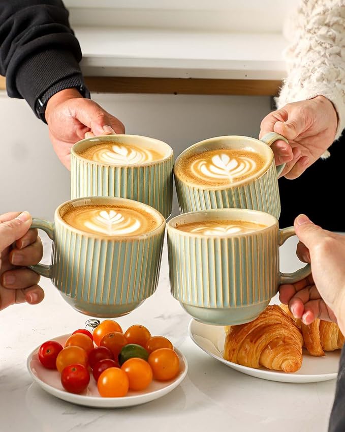 HASENSE Ceramic Coffee Mugs Set of 4 with Rack - 15 oz Stackable Large Porcelain Ribbed Latte Cup Set for Cappuccino, Tea, Hot Cocoa, Drinks - Dishwasher & Microwave Safe, Green Earth