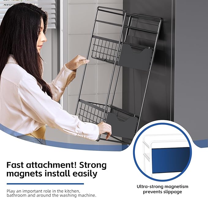 CABTE 3 Tier Magnetic Shelves for Washing Machine with Pull Out Metal Drawer,Magnetic Spice Rack for Fridge,Magnetic Rack with no Installation, Versatile Storage Organizers for Home (Black, 3 Tier)