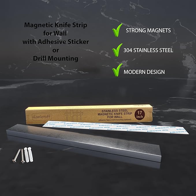 Premium Magnetic Knife Strip for Wall no Drilling – 17 Inch Stainless Steel Magnetic Knife Holder with Strong Adhesive Tape - Kitchen Magnet Knife Bar with Screws (Upgraded Version)