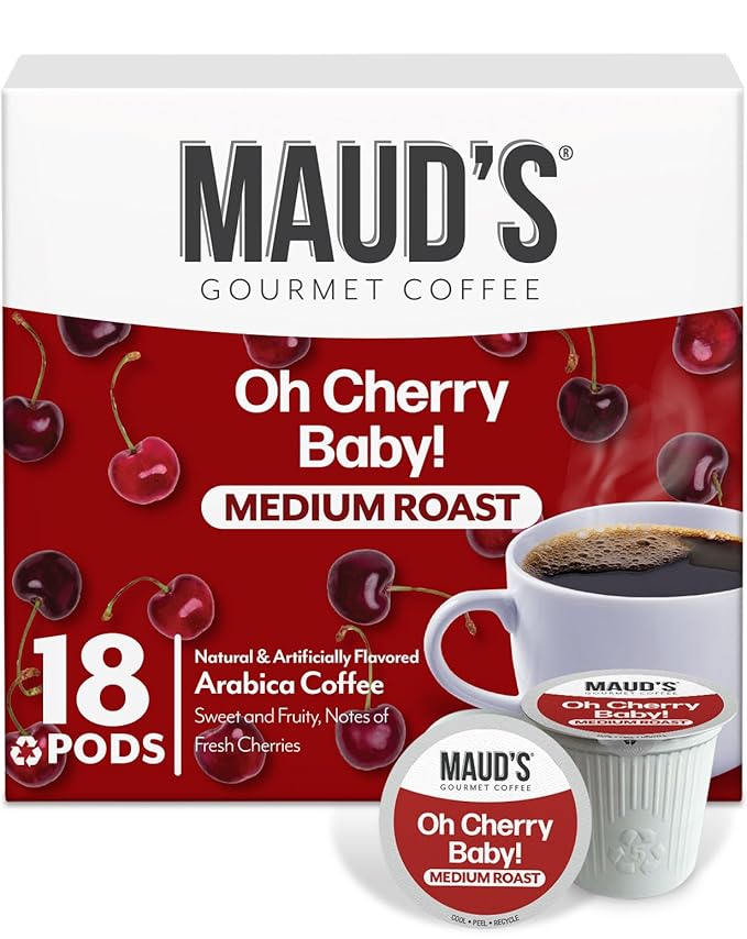 Maud's Cherry Flavored Coffee Pods, 18 ct, Medium Roast Flavored Coffee in Single Serve Pods – 100% Arabica Beans, Compatible with Keurig K Cups Maker
