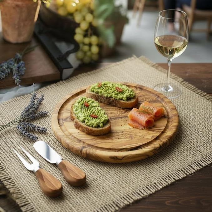 Maxcheck 1 Set Baby Shower Bridal Game Prizes for Winners Round Cheese Board Set Wood Mini Charcuterie Board with Knives and Forks Thank You Card with Gift Box for Guests Wedding (Olive Wood)