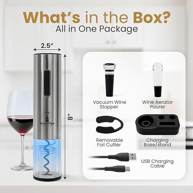 GrapeVibeEssentials 5-in-1 Electric Wine Opener Gift Set– Rechargeable Automatic Wine Bottle Opener with Charging Base, Foil Cutter, Aerator Pourer & Vacuum Stoppers