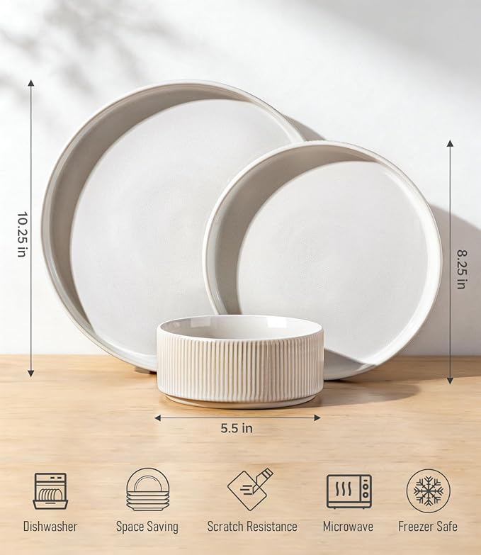 GBHOME Stoneware Dinnerware Sets for 4, 12 Pieces Lightweight Ceramic Ribbed Plates and Bowls Set, Reactive Glaze Stackable Plate Sets, Scratch Resistant Dishes, Microwave & Dishwasher Safe,Cream