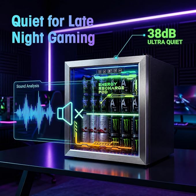 Tehanld Lighted Beverage Refrigerator, 68-Can Gaming Mini Fridge | RGB illuminated glass door, 1.8 cu.ft, 35-65°F digital control, quiet drink cooler for bedroom, game room, home bar