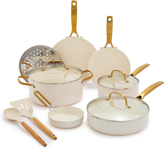 Blue Diamond 12 Piece Nonstick Cookware Set, Diamond Ceramic Pots & Pans, Dishwasher & Metal Utensil Safe, Non Toxic PFAS-Free, Kitchen Cooking Sauce & Saute Pans, Oven & Broiler to 600F, White