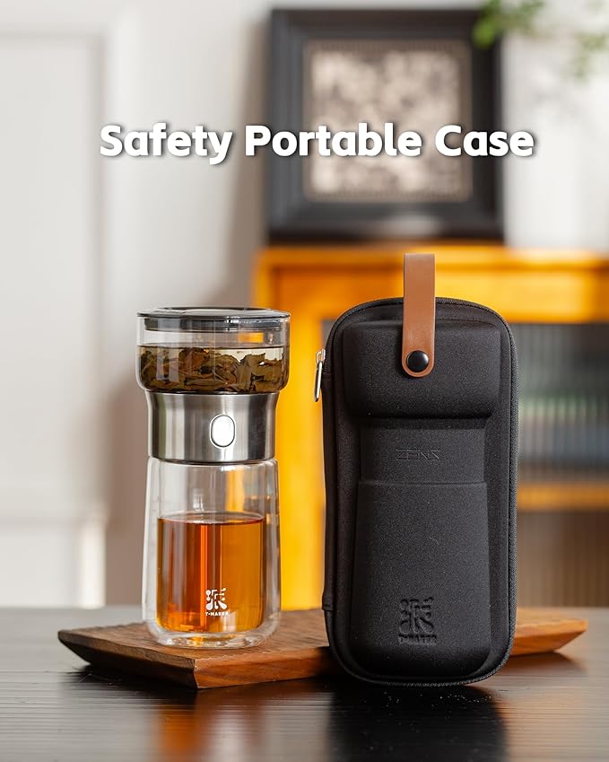 ZENS Modern Tea Infuser Teapot, One Touch Tea Maker for Loose Leaf Tea | Glass Magic Tea Pot, Mess free Tea Steeper with Insulated Mug, Portable Tea Infuser with Case for Tea Lovers