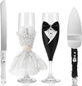 Boao Pearl Wedding Champagne Flutes and Cake Knife Server Set of 4, Champagne Flutes Toasting Glasses with Pearls for Bride and Groom Engagement Anniversary Bridal Shower Gifts (Stylish,Black White)