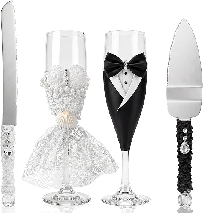 Boao Pearl Wedding Champagne Flutes and Cake Knife Server Set of 4, Champagne Flutes Toasting Glasses with Pearls for Bride and Groom Engagement Anniversary Bridal Shower Gifts (Stylish,Black White)