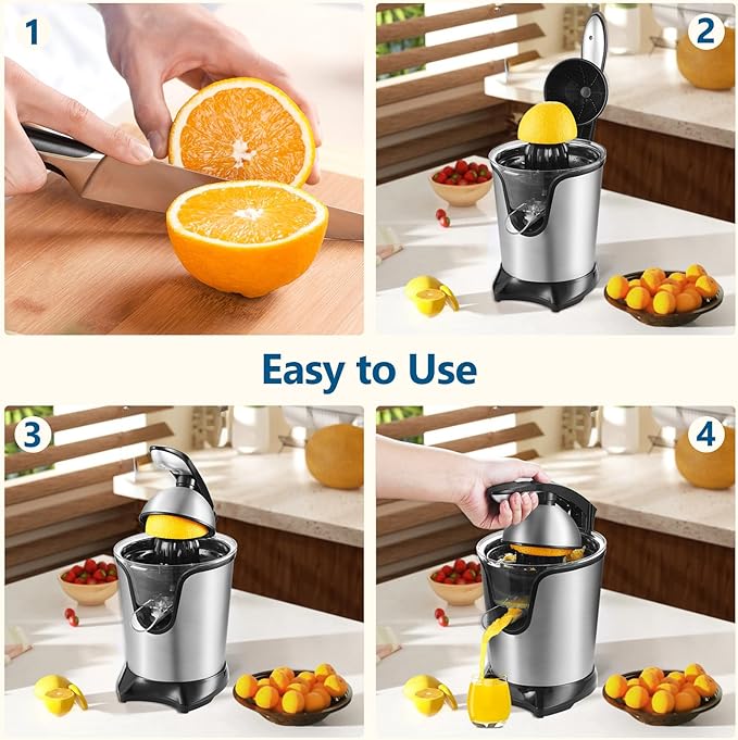 JUSANTE Citrus Juicer, Orange Juicer Machine, Stainless Steel Hands Free Lime Grapefruit Squeezer, Electric Citrus Juicer for Juice, Fruits, Lemons