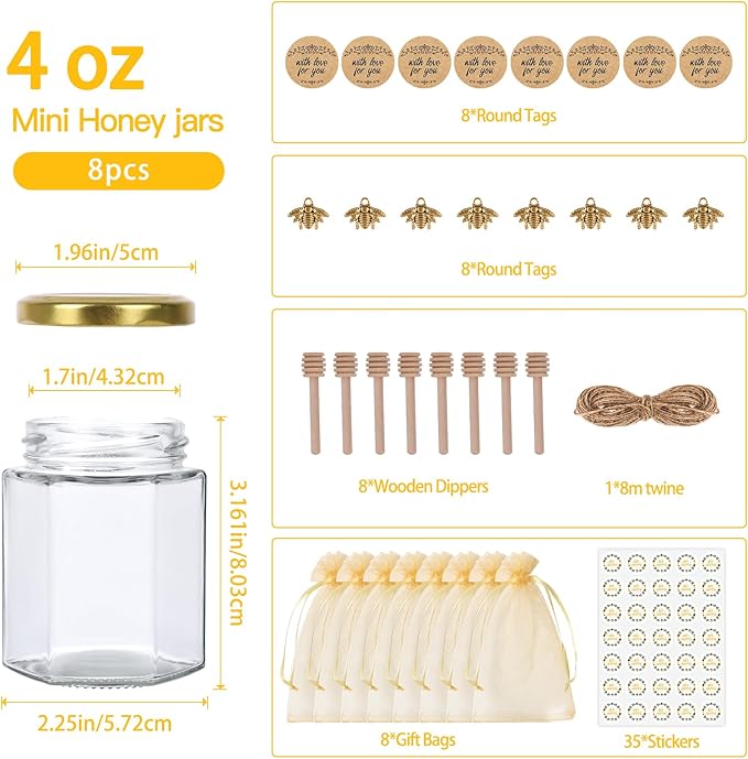 4 oz Mini Glass Honey Jars | 8-Pack Honey Jars with Wood Dippers, Gold Lids, Gift Bags, Bee Charms, Labels, Tags, Twine | Perfect for Baby Shower Party Favors, Wedding Favors, Bridal Showers