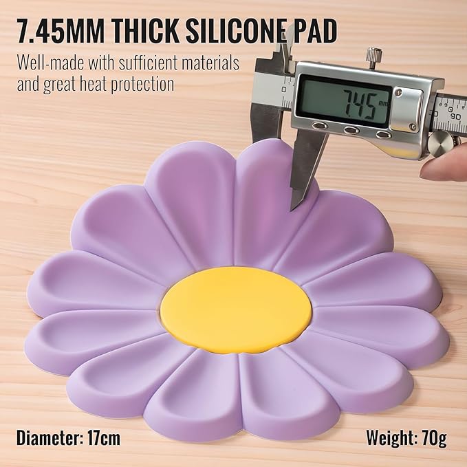 Daisy Trivets, Set of 4 Silicone Trivets for Hot Pots and Dishes, 6.7 Inch Round Flexible Silicone Pot Holders Hot Pads, Anti-Slip Coaster, Heat Resistant Mat Multi-Use Creative Placemat Kitchen